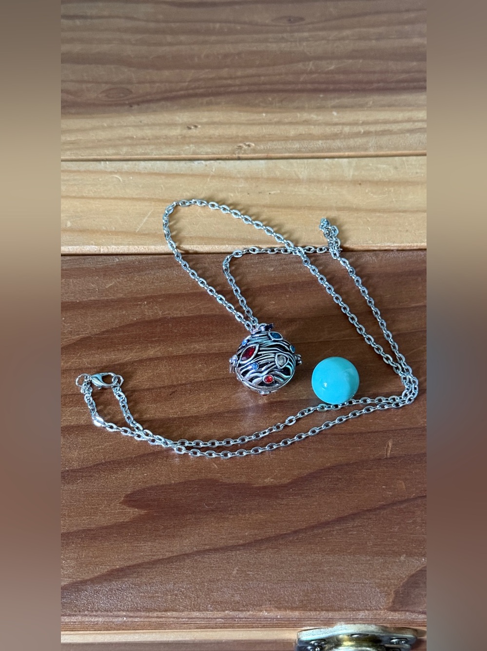 Vintage Harmony Ball Necklace Silver Tone Openwork Pendant Chime Ball 27”